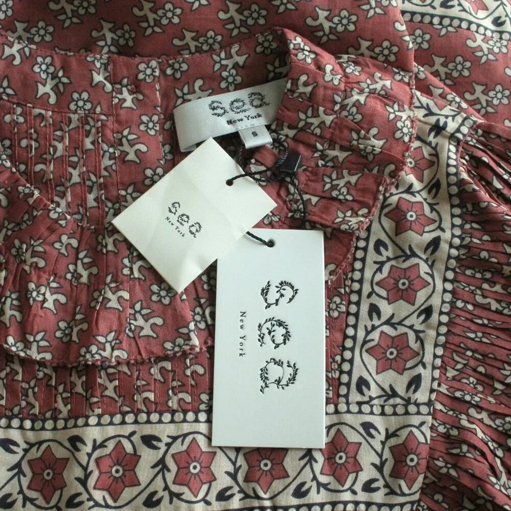 Sea New York Fernanda Blush Floral Tile Print Ruffle Pintuck Bib Top S NWT - Picture 5 of 5